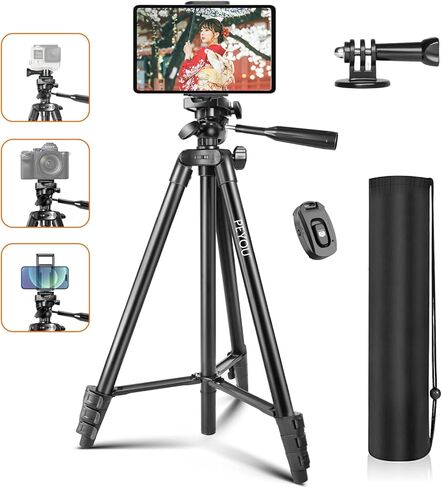 60" Tripod for Phone/Tablet/Gopro, PEYOU Travel Tripod with Remote Shutter, 2-in-1 Tripod Mount Holder Adjustable Lightweight Aluminum Tripod Compatible for iPhone/Android/Camera with Bag in Saudi Arabia