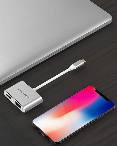 محول LENTION USB C إلى HDMI وVGA، ومحول HDMI إلى USB C، لشاشة مزدوجة متوافقة مع 2021-2016 MacBook Pro 13/15/16، Mac Air/iPad Pro الجديد، Surface، Lenovo، المزيد، برنامج تشغيل ثابت معتمد (C51s، فضي ) in Kuwait