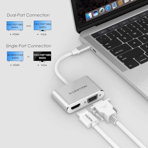 محول LENTION USB C إلى HDMI وVGA، ومحول HDMI إلى USB C، لشاشة مزدوجة متوافقة مع 2021-2016 MacBook Pro 13/15/16، Mac Air/iPad Pro الجديد، Surface، Lenovo، المزيد، برنامج تشغيل ثابت معتمد (C51s، فضي ) in Kuwait