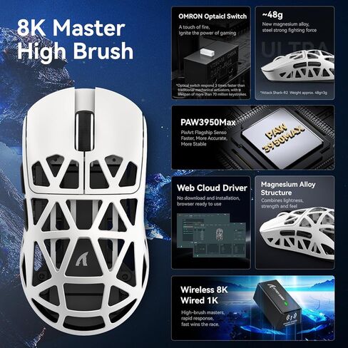 ZIYOU LANG x Attack Shark R2 Wireless Gaming Mouse, Lightweight Magnesium Alloy, PAW3950 42000 DPI Optical Sensor, 8000Hz Polling Rate 2.4G/BT/Wired Mice for Win Mac Gamer (Grey) in Kuwait