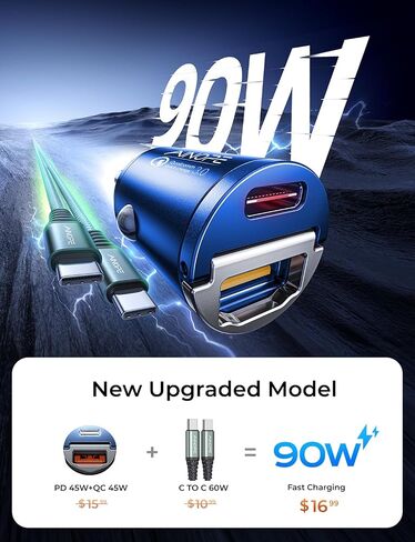 AINOPE 90W USB C Car Charger Super Fast Charging, Fast Car Charger with Nylon Type C Cable Mini Cigarette Lighter USB Charger for iPhone 16 Pro Max 15 Plus 14 Samsung S24 Ultra,Piexl 7 iPad, Blue in Kuwait