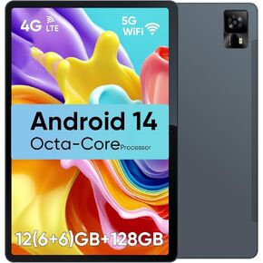 Weelikeit 10.1'' Android 14 Tablet 128GB Storage+12(6+6)GB RAM/1TB TF Octa-Core, 2K Display, 6000mAh, 4G-LTE Android Tablet, Bluetooth 5.0+2.4G/5G WiFi Tablet, 13MP+8MP, GPS, Type-C, Metal Body, Gray