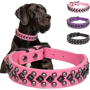 Dog Collars for Small Dogs, Spike Rivet Pu Leather Studded Stud Spiked Puppy Collar for Small Medium Large Dogs (Hot Pink, XL)