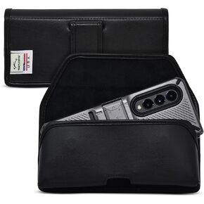 Turtleback Holster Designed for Galaxy Z Fold 3 (2021) with Bulky Fit Case, Horizontal Belt Case Black Leather Pouch with Executive Belt Clip,