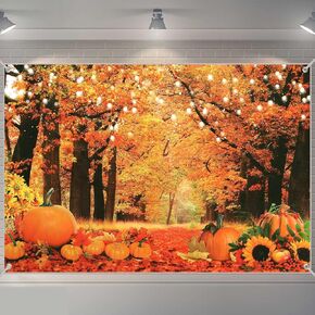 Thanksgiving Photo Backdrop Fall Autumn Forest Photography Backdrop Harvest Landscape Background Natural Scenery Pumpkins Tree Leaves Banner Decorations for Party Supplies, 6 x 4 Feet