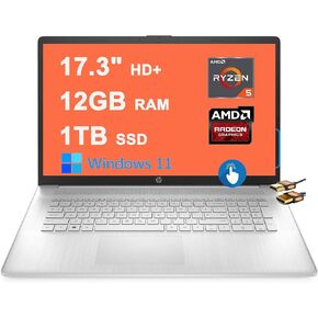 HP 17 Business Laptop Computer 17.3'' HD+ Touchscreen AMD Hexa-Core Ryzen 5 7530U Processor (Beats i7-1160G7) 12GB RAM 1TB SSD USB-C AMD Radeon Graphic Win11 Silver + HDMI Cable, (HP Laptop)