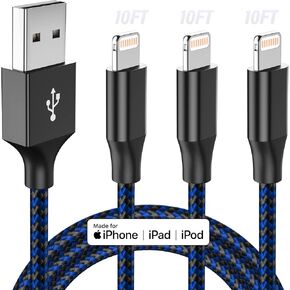 MenoSupp MFi Certified iPhone Charger Lightning Cable 3 Pack 10ft Nylon Braided Cable iPhone Charger Fast Charging Cord Compatible with iPhone 14 13 12 11 Pro Max XR XS X 8 7 6 Plus SE and More in Kuwait