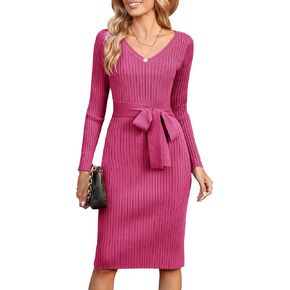 Newshows Womens 2024 Fall Sweater Dress Long Sleeve V Neck Business Casual Outfits Winter Fashion A-Line Belted Dresses