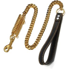 Dog Chain Leash Dog Leash Heavy Duty Strong Chew Proof 15mm 1ft 2ft 3ft Chrome Stainless Steel Cuban Link Chain Labor-Saving Spring with Comfortable Leather Handle(Totally Length of 2FT) Gold