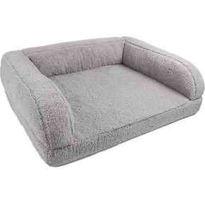 Sherry Kline Pet Collection's Soft Sherpa Sofa Style Bed for Small Dogs & Cats. Medium to Double XL Pet Bed, Removable Cover, Zippered, Washable & Elevated Style 3 Side Bumper, 26"x36"x9", Gray