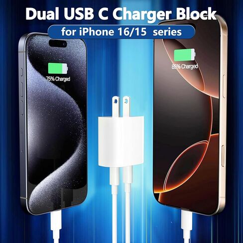 كتلة شاحن USB C مزدوج 20 وات مع كابل USB C إلى USB C بطول 6 أقدام و10 أقدام لهاتف iPhone 16 Pro Max/ 16 Plus/i Phone 15 وiPad Pro 13 بوصة 12.9 بوصة 11 بوصة M4/Air 6th M2/5th/4th/Mini 6 8.3- بوصة/ الجيل العاشر 10.9 بوصة، عبوة واحدة in Saudi Arabia