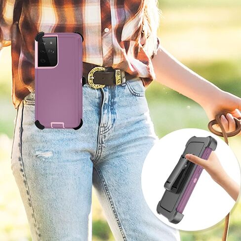 Case with Belt-Clip Holster for Galaxy S21 Ultra, Drop Full Body Rugged Shock Dust Proof Military Protective Tough Phone Cover Heavy Duty for SGalaxy S21 Ultra(Hot Pink/White) in Saudi Arabia