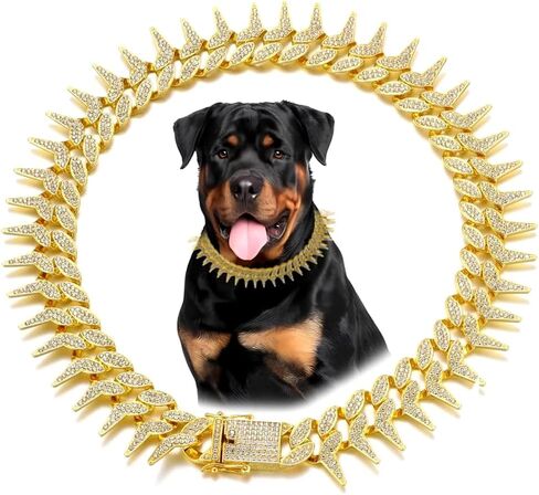 Dog Chain Collar, Side Spiked Style Necklace Bling Diamond Cuban Link Dog Collars Glitter Rhinestone Puppy Collar for for Small Medium Large Pet Dogs (Gold, 24 Inch) in Saudi Arabia