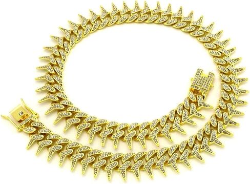 Dog Chain Collar, Side Spiked Style Necklace Bling Diamond Cuban Link Dog Collars Glitter Rhinestone Puppy Collar for for Small Medium Large Pet Dogs (Gold, 24 Inch) in Saudi Arabia