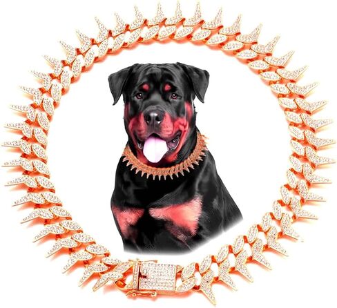 Dog Chain Collar, Side Spiked Style Necklace Bling Diamond Cuban Link Dog Collars Glitter Rhinestone Puppy Collar for for Small Medium Large Pet Dogs (Gold, 24 Inch) in Saudi Arabia