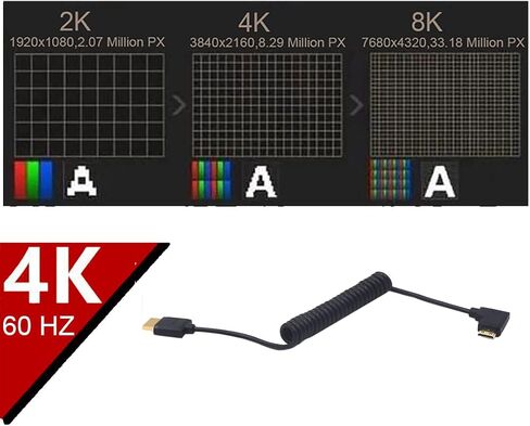 4ft HDMI 4K Coiled Cable, 90 Degree Left Angle Mini HDMI Male to HDMI Male Adapter Spiral Cable, HD HDMI 2.0 Version High Speed Spring Cord, 4K @60HZ (Left Mini HDMI to HDMI) in Saudi Arabia