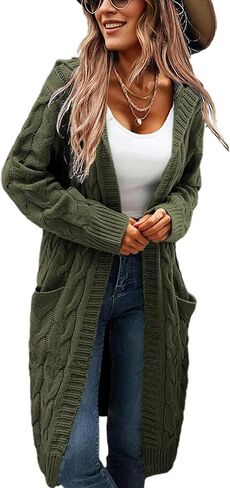 Women's Hooded Open Front Long Cardigan Cable Knit Sweaters Side Pocket Oversized Chunky Cardigan Outwear Coat in Kuwait