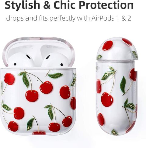 Compatible with Case Apple Airpods 1st / 2Nd, Cute Patterns Hard PC Custom Designer Case Clear Shockproof [Front LED Visible ] Anti-Fall Full Protector, Cherry in Saudi Arabia