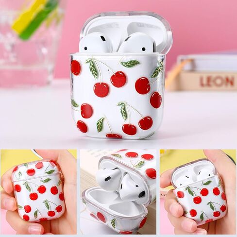 Compatible with Case Apple Airpods 1st / 2Nd, Cute Patterns Hard PC Custom Designer Case Clear Shockproof [Front LED Visible ] Anti-Fall Full Protector, Cherry in Saudi Arabia