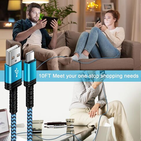 كابل شاحن USB طويل من النوع C بطول 10 أقدام، 3 حزم 3.1 أمبير مضفر USB A إلى USB C سلك شاحن Android شحن سريع لهاتف Samsung Galaxy A15/A55/A54/A35/S24 Ultra/S23/S22/S21/S20/S10 Plus/iPhone 15/ 15 برو ماكس/بلس in Kuwait