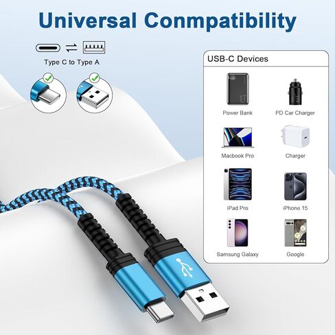 كابل شاحن USB طويل من النوع C بطول 10 أقدام، 3 حزم 3.1 أمبير مضفر USB A إلى USB C سلك شاحن Android شحن سريع لهاتف Samsung Galaxy A15/A55/A54/A35/S24 Ultra/S23/S22/S21/S20/S10 Plus/iPhone 15/ 15 برو ماكس/بلس in Kuwait