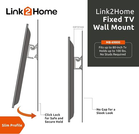 حامل تلفزيون ثابت على الحائط من سلسلة Link2Home التجارية الكهربائية لأجهزة التلفاز مقاس 32 بوصة - 80 بوصة، يتم تركيبه مباشرة على الجدران الصخرية أو الجصية، لا يتطلب مسامير، يصل إلى 100 رطل، VESA 100/600، ألومنيوم أسود in Saudi Arabia