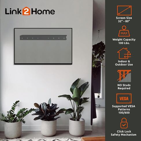 حامل تلفزيون ثابت على الحائط من سلسلة Link2Home التجارية الكهربائية لأجهزة التلفاز مقاس 32 بوصة - 80 بوصة، يتم تركيبه مباشرة على الجدران الصخرية أو الجصية، لا يتطلب مسامير، يصل إلى 100 رطل، VESA 100/600، ألومنيوم أسود in Saudi Arabia