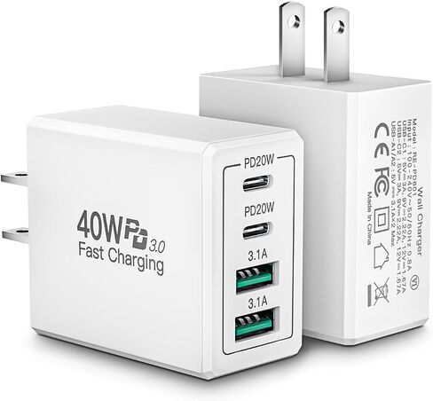 [حزمة من قطعتين] كتلة شاحن حائط USB C، 40 وات 4 منافذ USB C شاحن فائق السرعة ثنائي المنفذ PD محول طاقة + قابس حائط QC متعدد المنافذ من النوع C مكعب الطوب متوافق مع iPhone 15 14 13 12 11 Pro XR XS 8 7، Samsung in Saudi Arabia