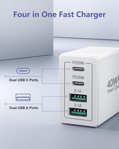 [حزمة من قطعتين] كتلة شاحن حائط USB C، 40 وات 4 منافذ USB C شاحن فائق السرعة ثنائي المنفذ PD محول طاقة + قابس حائط QC متعدد المنافذ من النوع C مكعب الطوب متوافق مع iPhone 15 14 13 12 11 Pro XR XS 8 7، Samsung in Saudi Arabia
