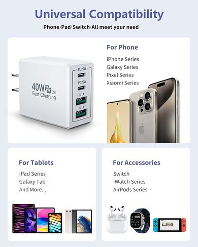 [حزمة من قطعتين] كتلة شاحن حائط USB C، 40 وات 4 منافذ USB C شاحن فائق السرعة ثنائي المنفذ PD محول طاقة + قابس حائط QC متعدد المنافذ من النوع C مكعب الطوب متوافق مع iPhone 15 14 13 12 11 Pro XR XS 8 7، Samsung in Saudi Arabia