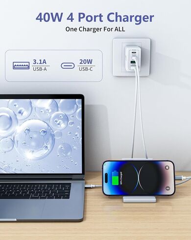 [حزمة من قطعتين] كتلة شاحن حائط USB C، 40 وات 4 منافذ USB C شاحن فائق السرعة ثنائي المنفذ PD محول طاقة + قابس حائط QC متعدد المنافذ من النوع C مكعب الطوب متوافق مع iPhone 15 14 13 12 11 Pro XR XS 8 7، Samsung in Saudi Arabia