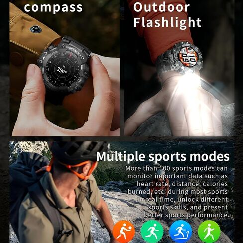 Military Smart Watch for Men with LED Flashlight,1.32"HD Screen Rugged Smart Watch,Call Receive/Dial,Compass,Waterproof Sports Fitness Tracker Tactical Smartwatch for iPhone Android in Saudi Arabia