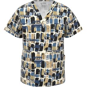 Men Stretch Print Scrub Top - Medical Uniform Men Nurse School Print Scrubs V Neck Top PSM105