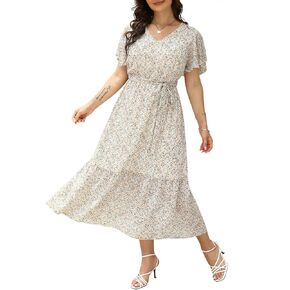 Nemidor Womens Casual Plus Size Boho Print Belted Layered Chiffon Long Dress with Ruffle Sleeve NEM310