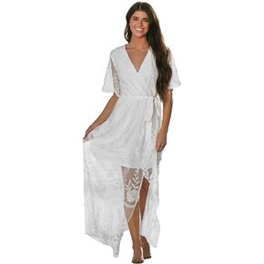 CUPSHE X Madison Women's V Neck Tiered Lace Wedding Maxi Dress Sleeveless Pleated Dress Summer Dress Flowy Dress