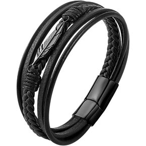 Braided Leather Bracelet for Men Multilayer Black Leather Bracelet Cuff Bangle Pulseras Para Hombres Stainless Steel Leaf Charm Cool Wristband Braided Bracelet for Men Women Boys Mens Leather Bracelet in Kuwait
