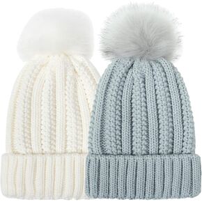 2 pcs Womens Winter Knitted Beanie Hat with Faux Fur Pom Warm Knit Skull Cap Beanie for Women
