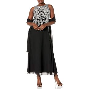 Women's Sleeveless Scallop Long Beaded Dress with Scarf
