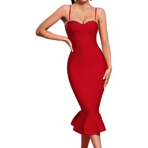 UONBOX Women's Mermaid Sleeveless Rhinestone Bodycon Dress Party Club Midi Bandage Dress