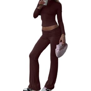 AYWA Women's 2 Piece Outfits Foldover Flare Pants Long Sleeve Crew Neck T-shirt Fitted Pajama Sets
