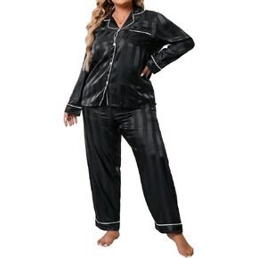 WDIRARA Women's Plus Size 2 Piece Striped Contrast Piping Long Sleeve Button Front Satin Pajama Set