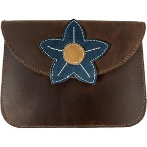 Heather's, Card Wallet with Flower Handmade from Full Grain Leather - Bourbon Brown/Yellow Flower