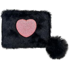 Coin Purse Credit Card Holder Furry Wallets Cute Wallet for Girls Zipper Coin Purse for Women Mini Coin Pouches with Plush Ball Pendant Wallet (black)