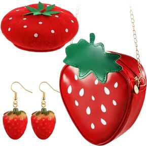 Chuarry 3 Pcs Strawberry Beret Hat Fruit Purse Bag Strawberry Funny Sweet Earring Set for Women Girl Party Accessories