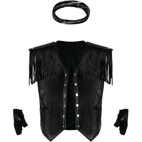 Mens Fringe Leather Vest Cowboy Costume Ryan Gosling Black Fringe Waistcoat Bandana Gloves Set