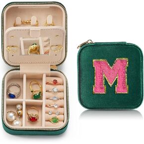 Velvet Travel Jewelry Case Jewelry Box for Women, Ring Necklace Earring Jewelry Holder Organizer Box with Mirror, Green Jewelry Case for Girls Jewelry Box,Birthday Gifts for Mom Initial A
