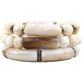 3PCS Acrylic Bamboo Tube Bangles Bracelet/Boho Gemstone Beaded Stackable Bracelets for Men Women,Handmade Wrap Bracelet Unisex Friendship Resin Western Jewelry Stretch Bracelets Set