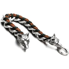 COOLSTEELANDBEYOND Stainless Steel Mens Wolf Head Curb Chain Bracelet Interwoven with Black Genuine Braided Leather