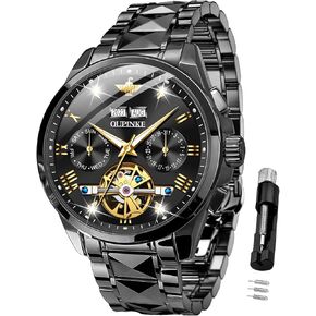 OUPINKE Automatic Watches for Men Skeleton Mechanical Self Winding Luxury Business Dress Wrist Watch Diamond Tungsten Steel Sapphire Crystal Calendar Waterproof Luminous