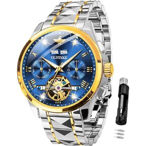 OUPINKE Automatic Watches for Men Skeleton Mechanical Self Winding Luxury Business Dress Wrist Watch Diamond Tungsten Steel Sapphire Crystal Calendar Waterproof Luminous